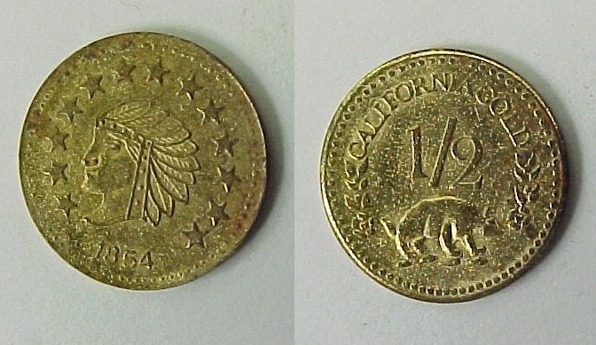 1854 Indian Head Round Cal California Gold  Token Half Dollar Size AU