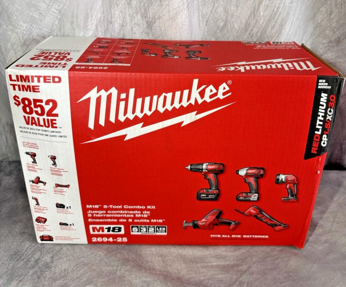 MILWAUKE 2694-25 18V Lithium-Ion Cordless Combo Kit (5-Tool) with (2) Batteries
