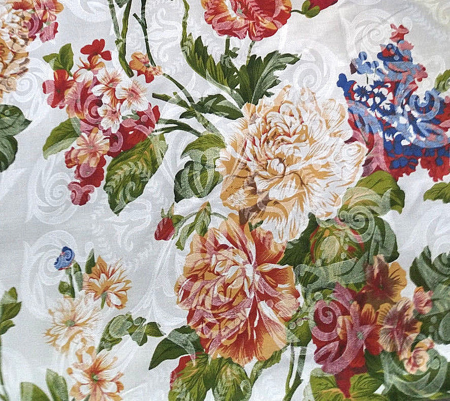VICTORIAN CHINTZ PRINT FLORAL DAMASK IVORY POLY COTTON FABRIC 60" By the Yard