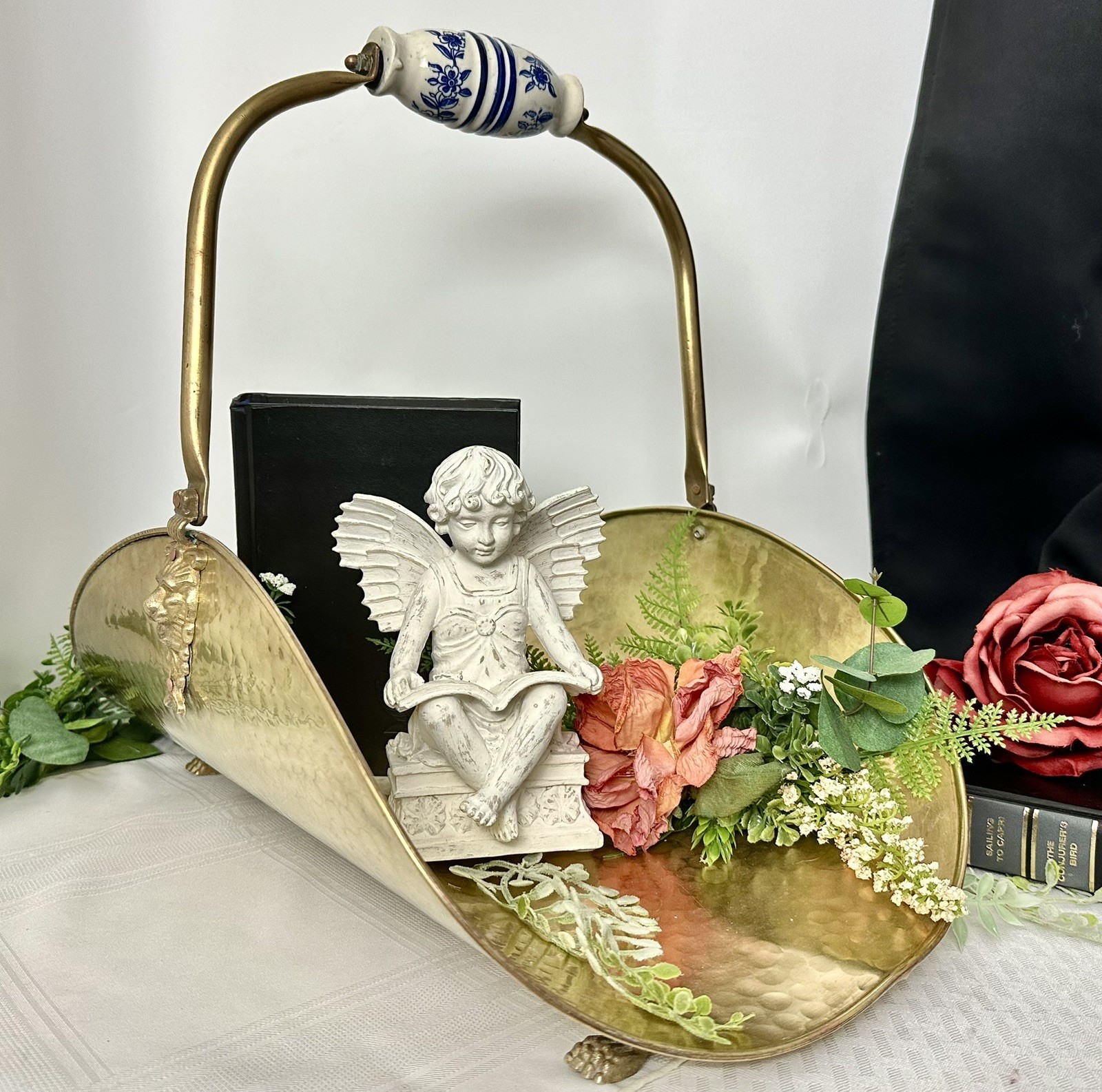 Vintage Brass Fireplace Log Holder Lion Paw Feet Delft Blue Handle Large