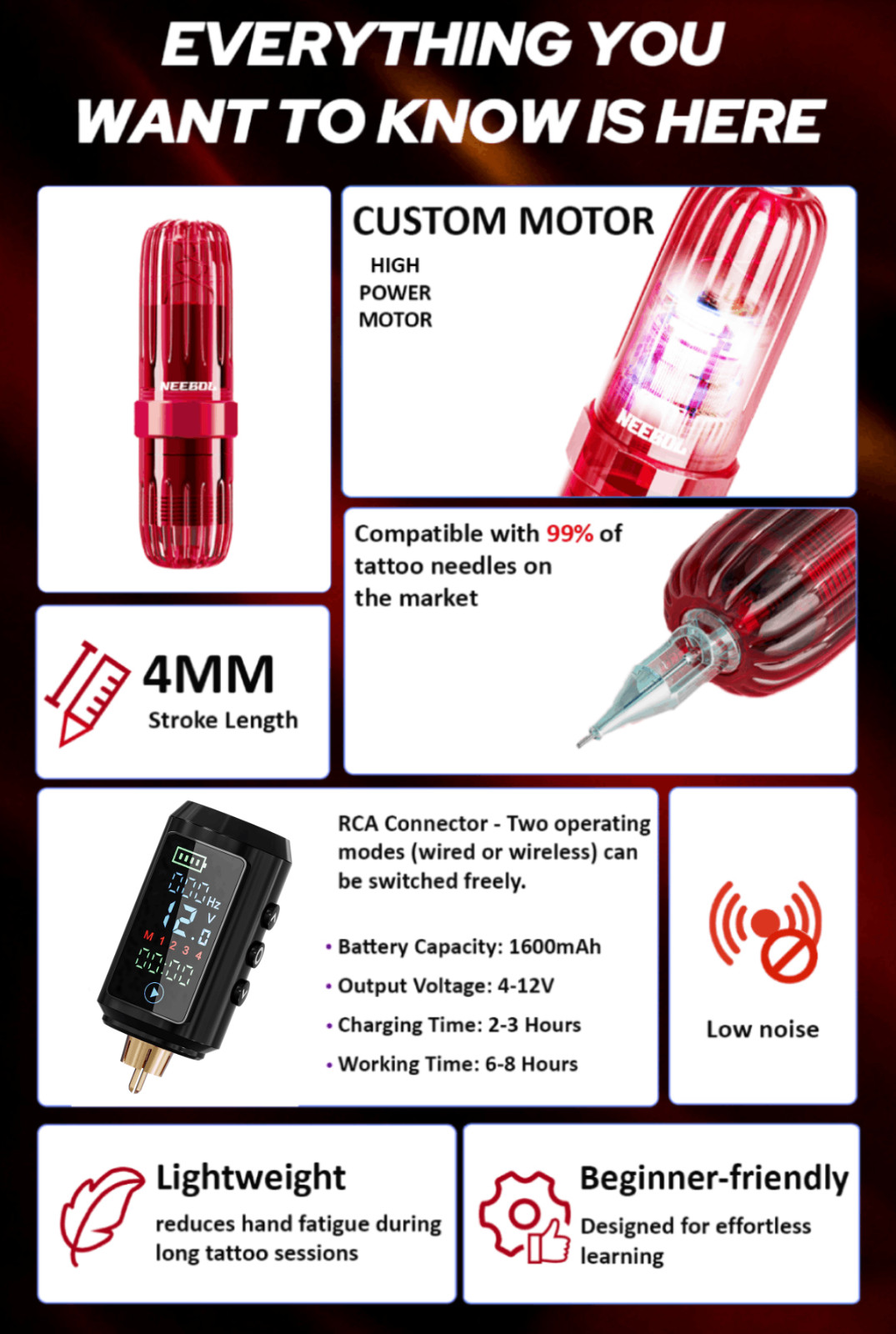 Neebol Tattoo Pen Kit Wireless Tattoo Machine Kits with 2 Batteries 30 Needles