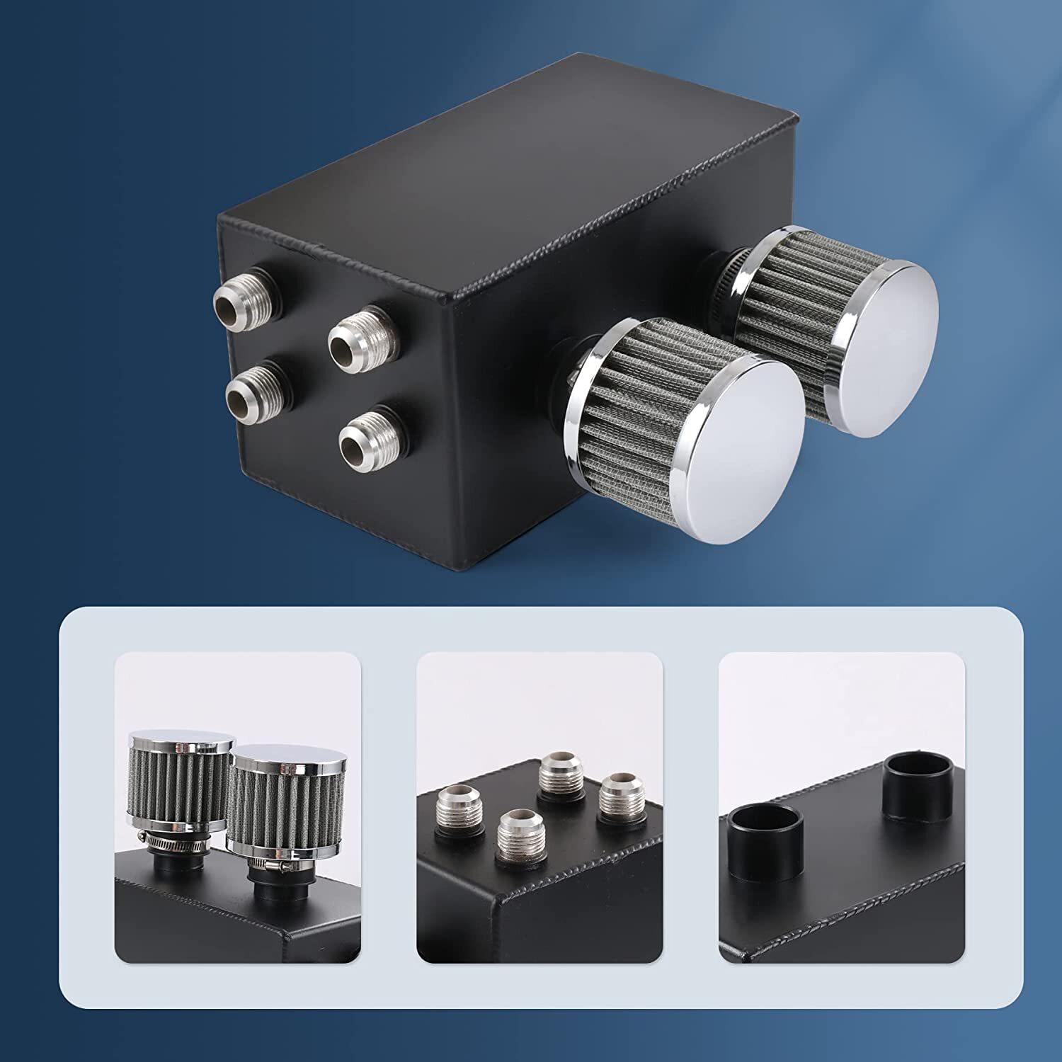 AN10 Oil Catch Can Reservoir Tank w Dual Breather Filter Baffled Tank Kit 4 Port