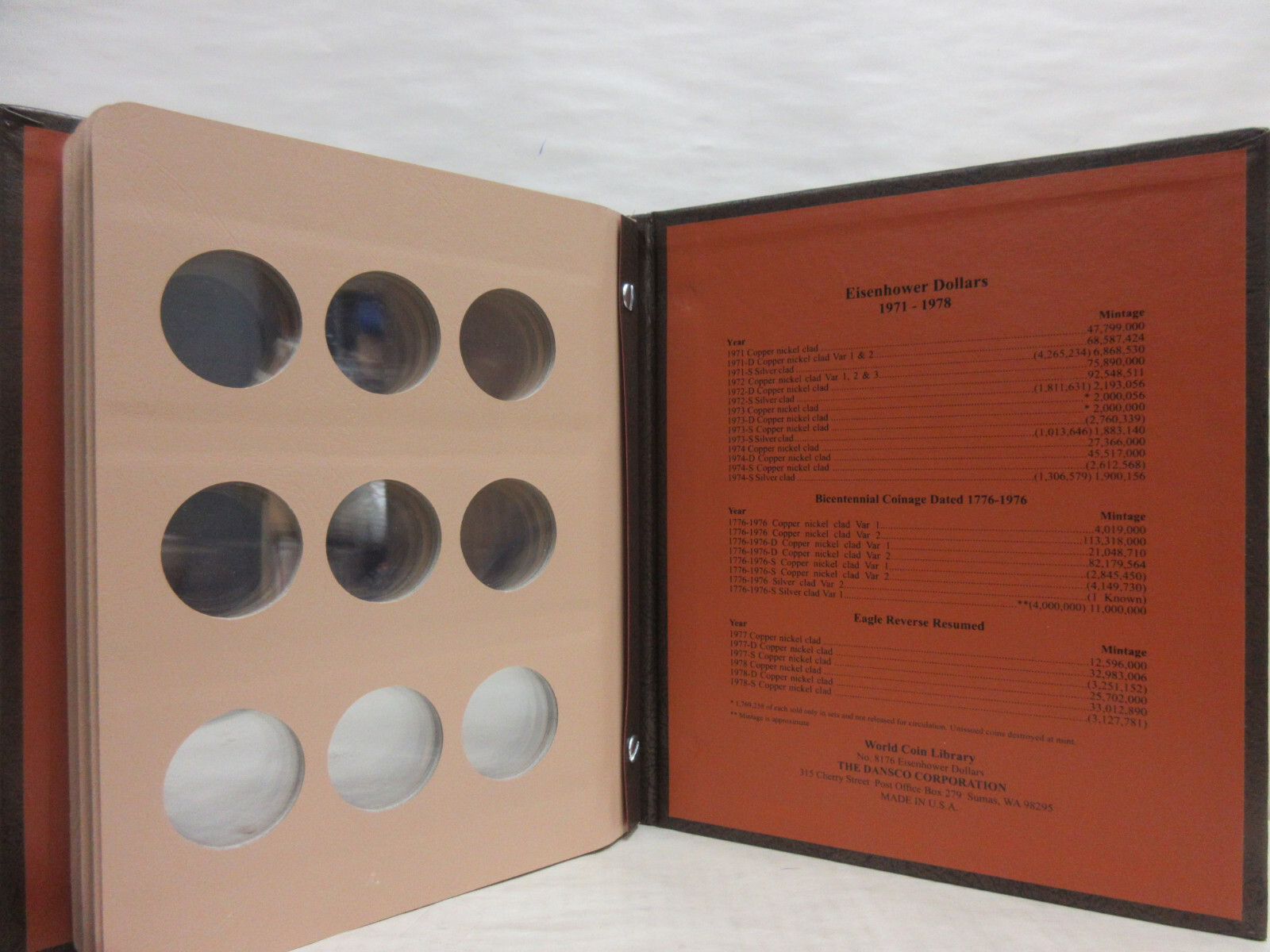 Dansco Coin Album #8176 Eisenhower Ike Dollars 1971-1978 with Proofs (P D & S)