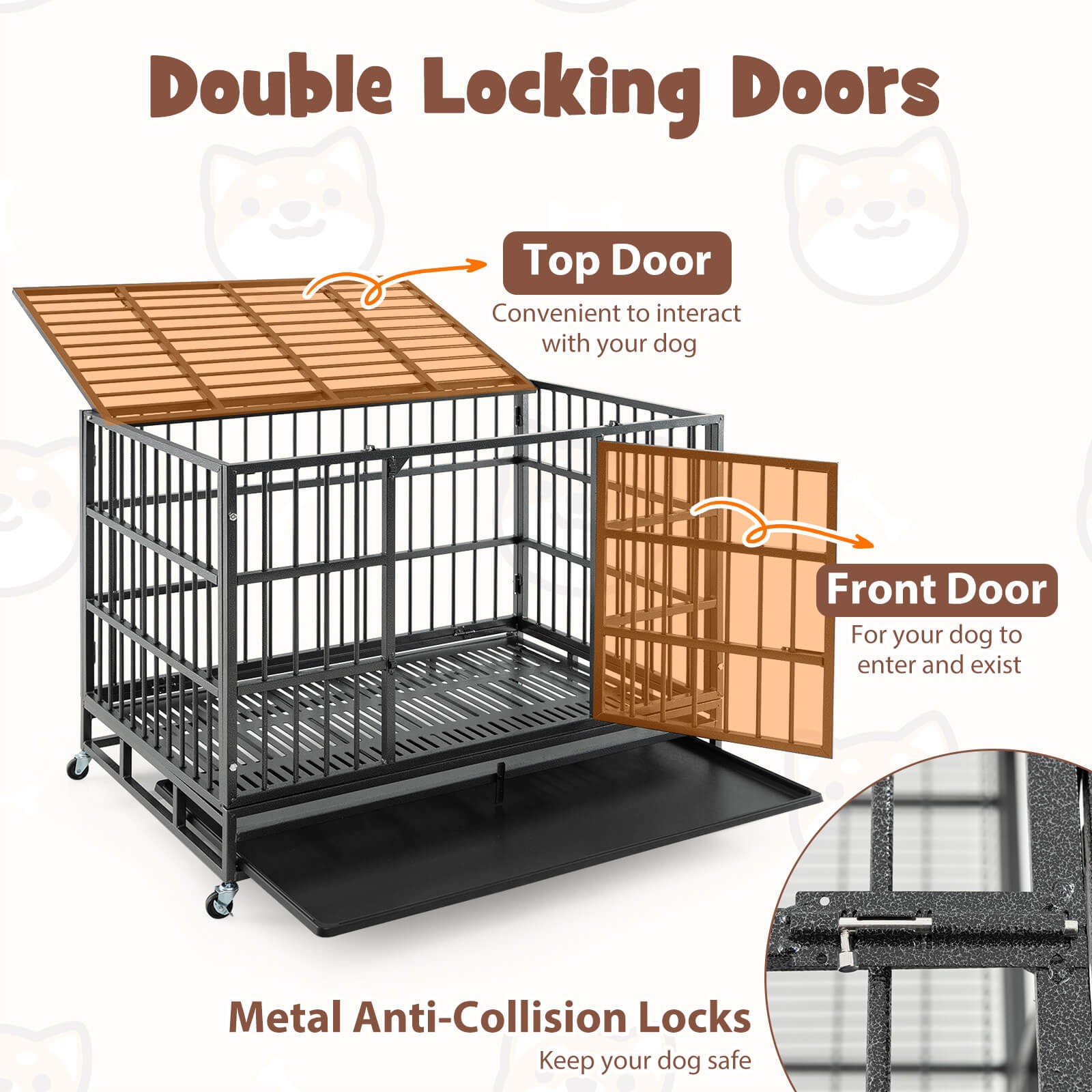 48" Foldable Heavy-Duty Metal Dog Cage W/ Lockable Rolling Casters Black