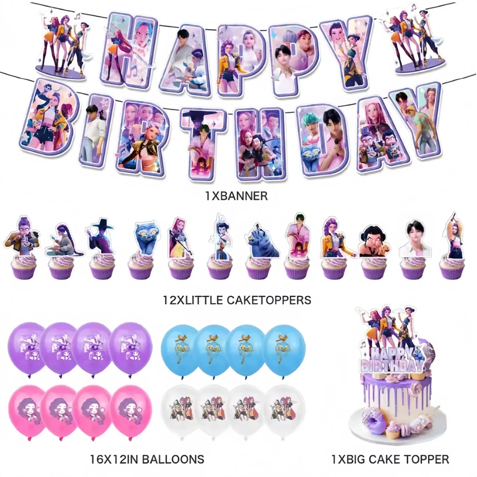KPOP Hunters Birthday Party Supplies Set Balloons Cake Toppers Banner Backdrop