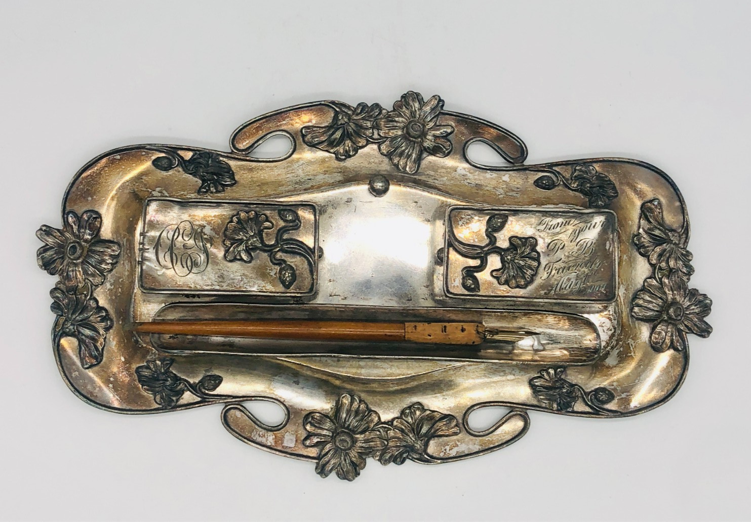 Antique 1905 Derby Silver Co. Art Nouveau Inkwell Set - Engraved #1778 - USA