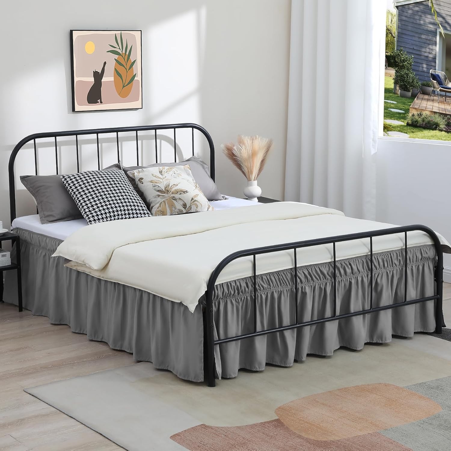 Grey Bed Skirts with Split Corners Queen Size 15 Inch Drop,Elastic Bed Skirting