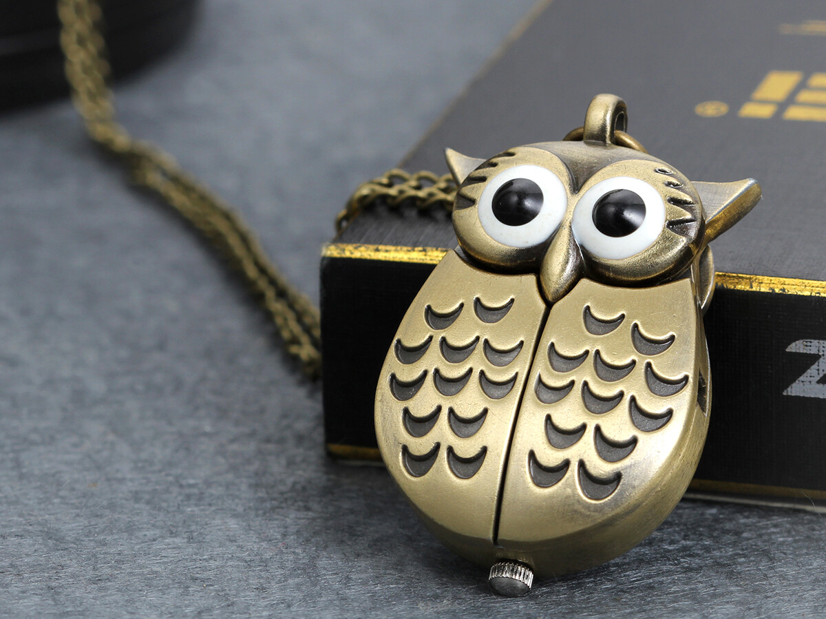 Vintage Retro Owl Wings Bronze Tone Open Face Pocket Watch Pendant Necklace