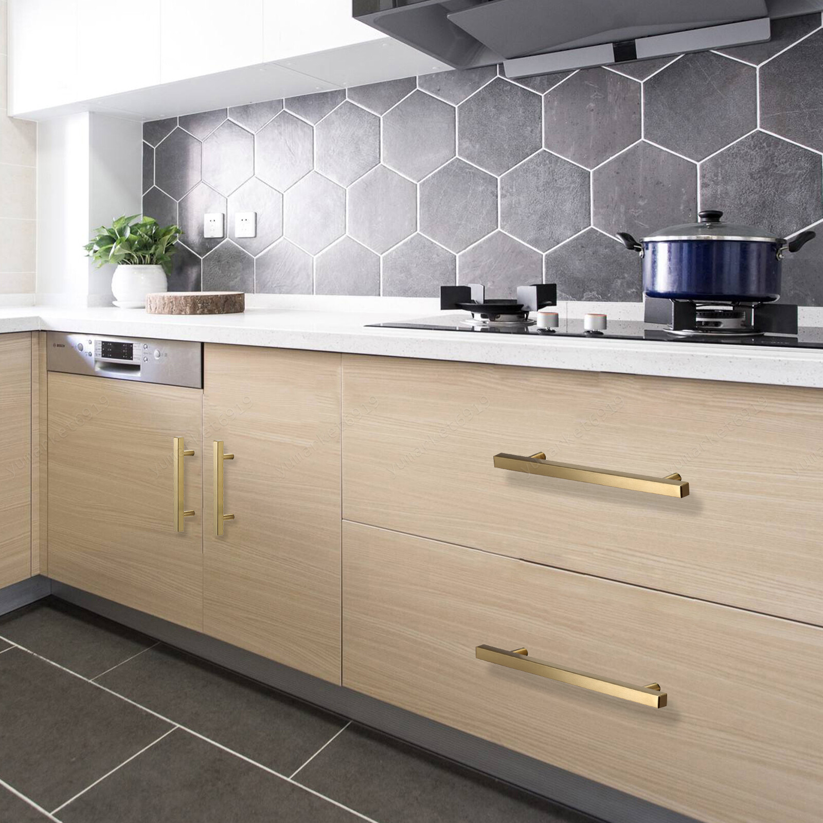 Stainless Steel Kitchen Square Cabinet Handles Brushed Gold T-Bar Drawer Pulls