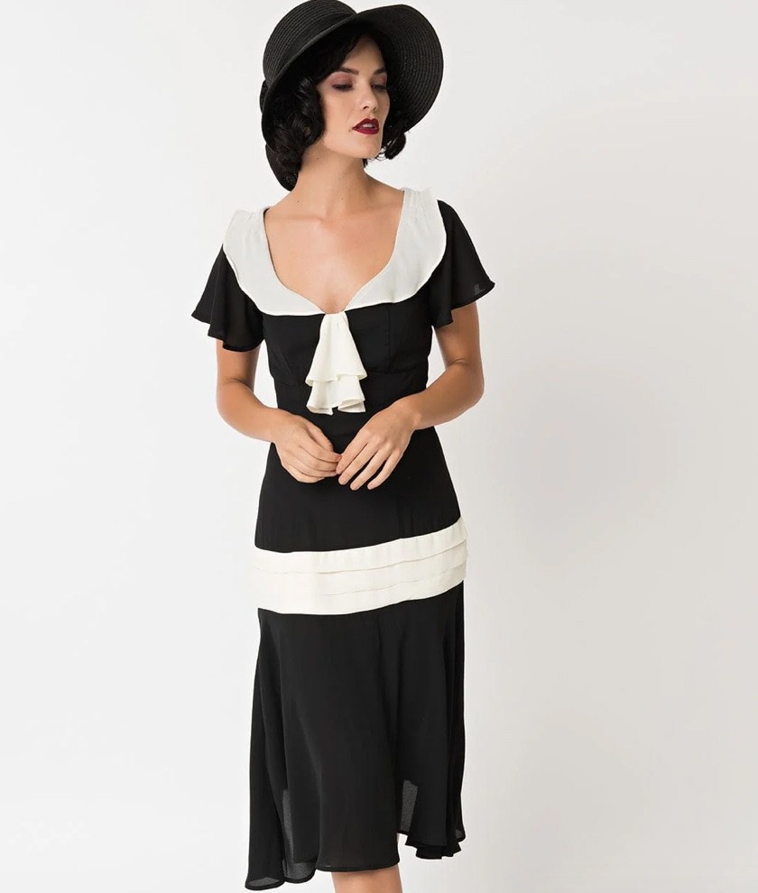 UNIQUE VINTAGE 1920s BLACK & CREAM WILSHIRE FLAPPER DAY DRESS - NEW