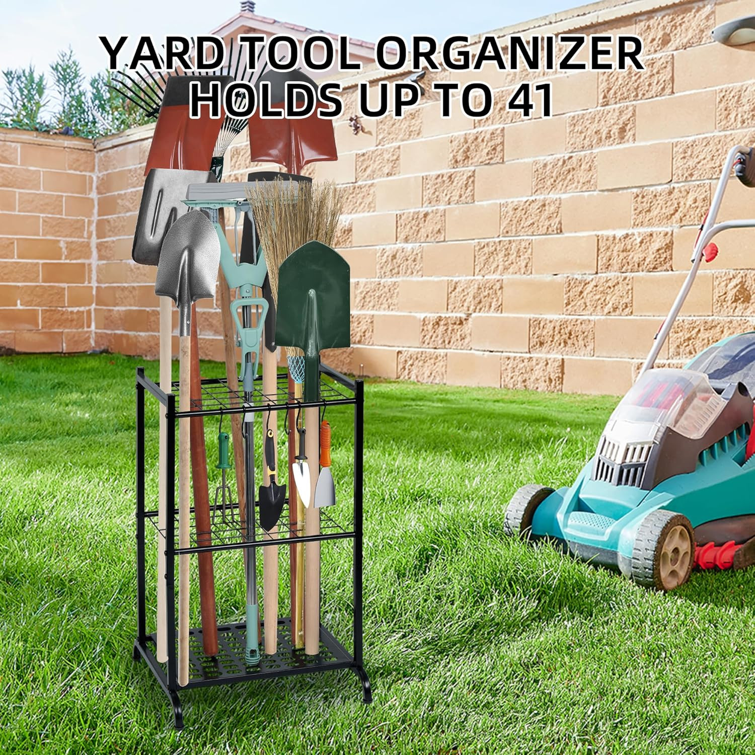 Garden Tool Organizer with Storage Hooks, Yard Tool Tower Rack for Garage Organi