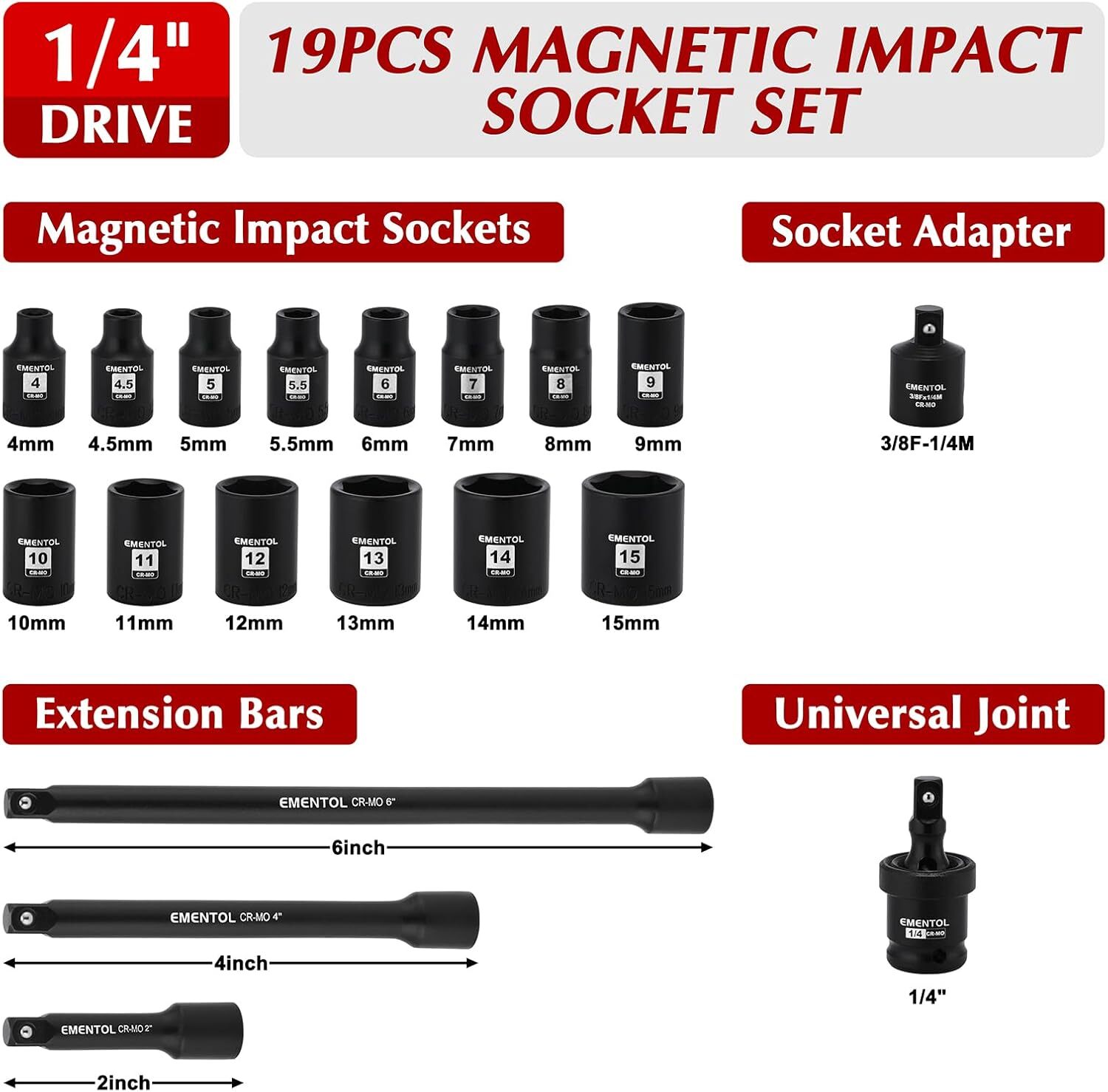 19PCS 1/4 " Drive Magnetic Impact Socket Set 4-15mm 6 Point Shallow Cr-Mo