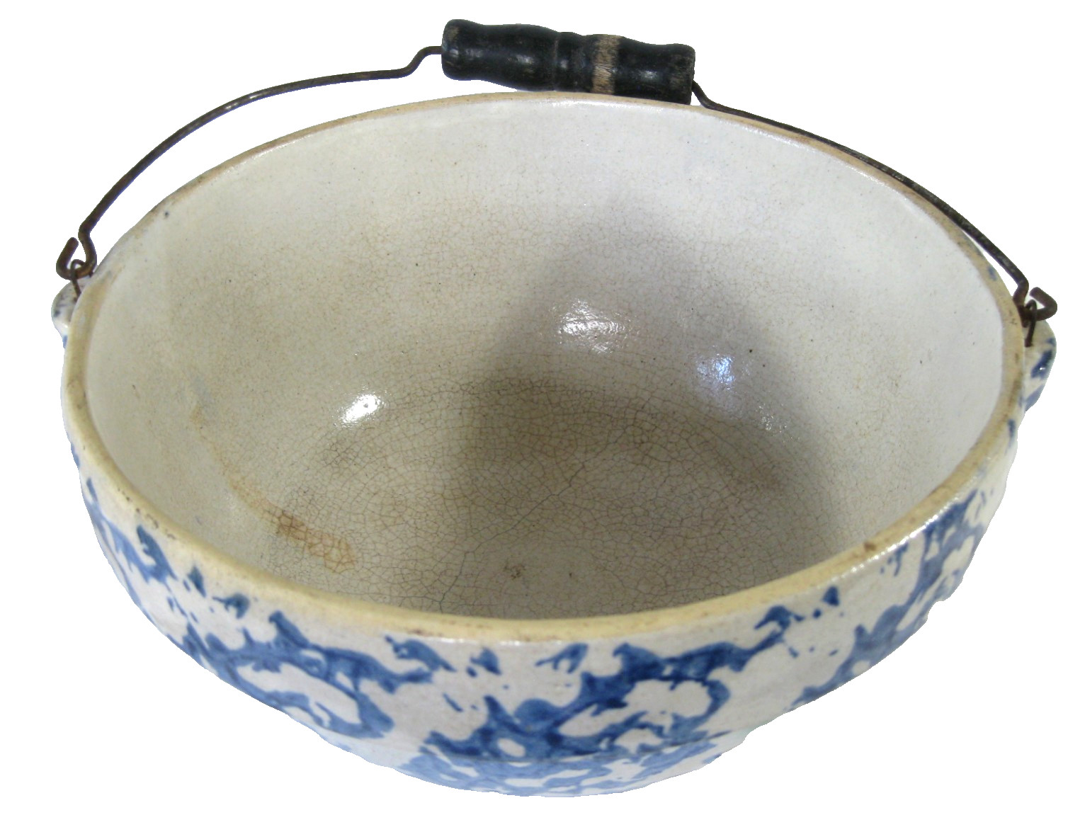 Spongeware Stoneware Blue & White Mixing Bowl with Bail Handle 8 1/2 in x 4 in