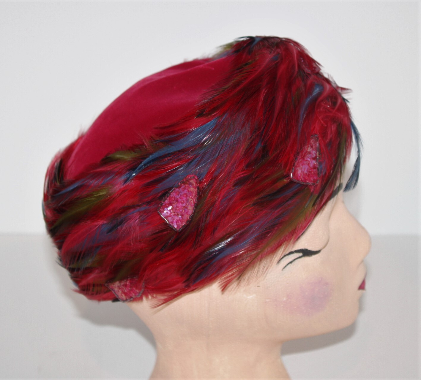 VTG Modern Miss Feather Pillbox Hat Velvet Multi-Color Cranberry Sequin Women's