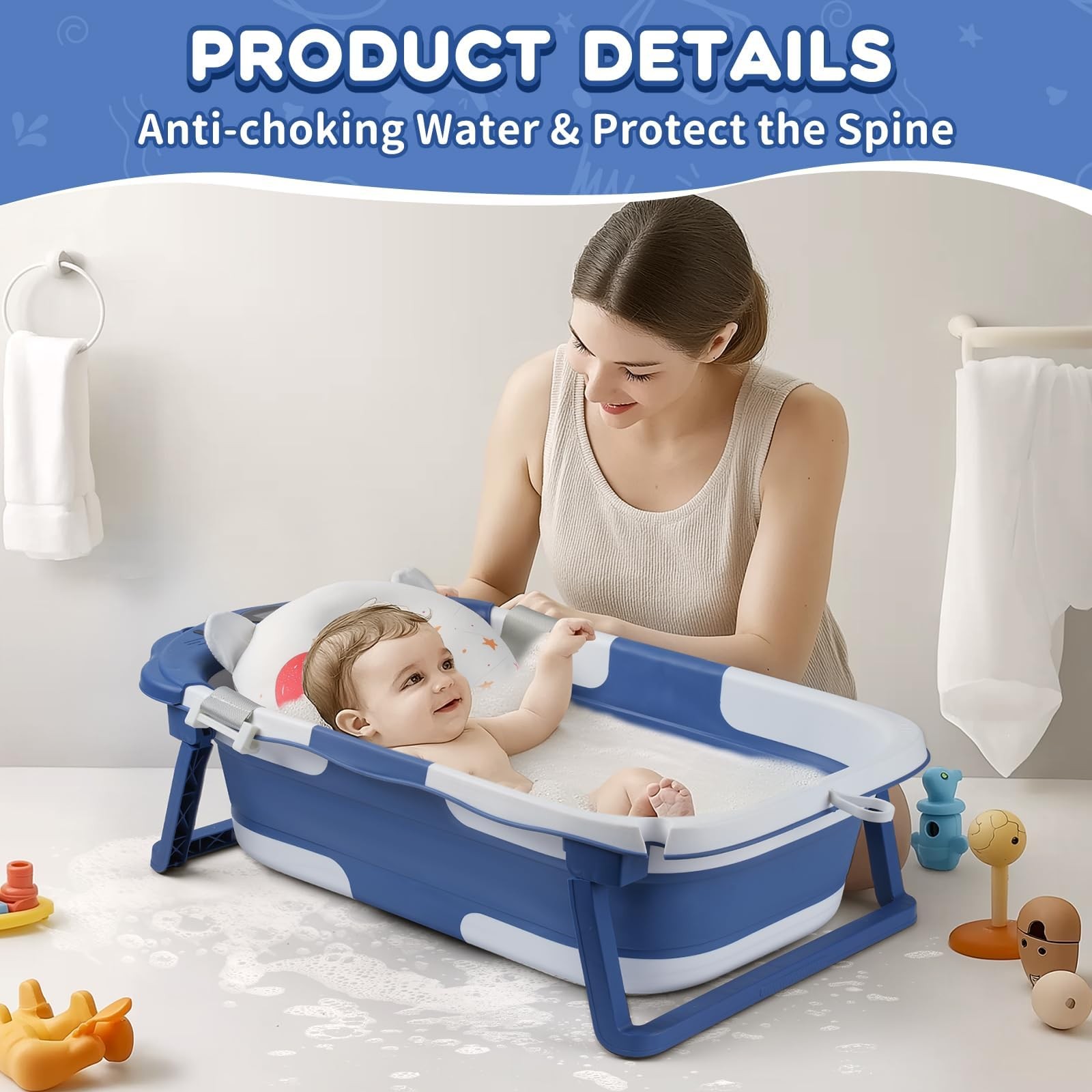 Baby Bathtub,Collapsible Baby Bath Tub with Thermometer & Soft Floating Cushi...