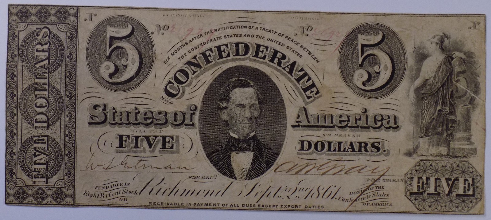 1861 $5 Confederate States of America T-34 Fine