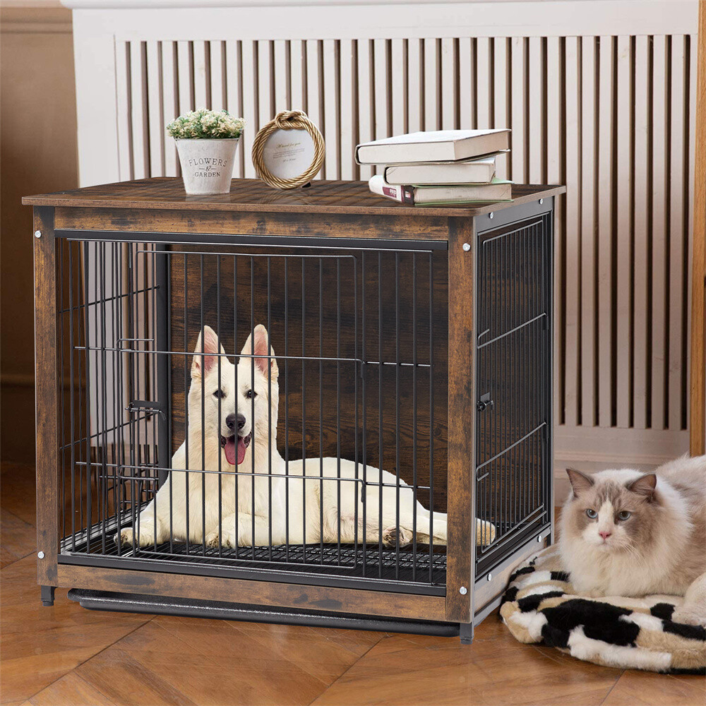 Large Dog Crate Wooden Kennel Heavy Duty Cage with Tray End Table Pet Furniture