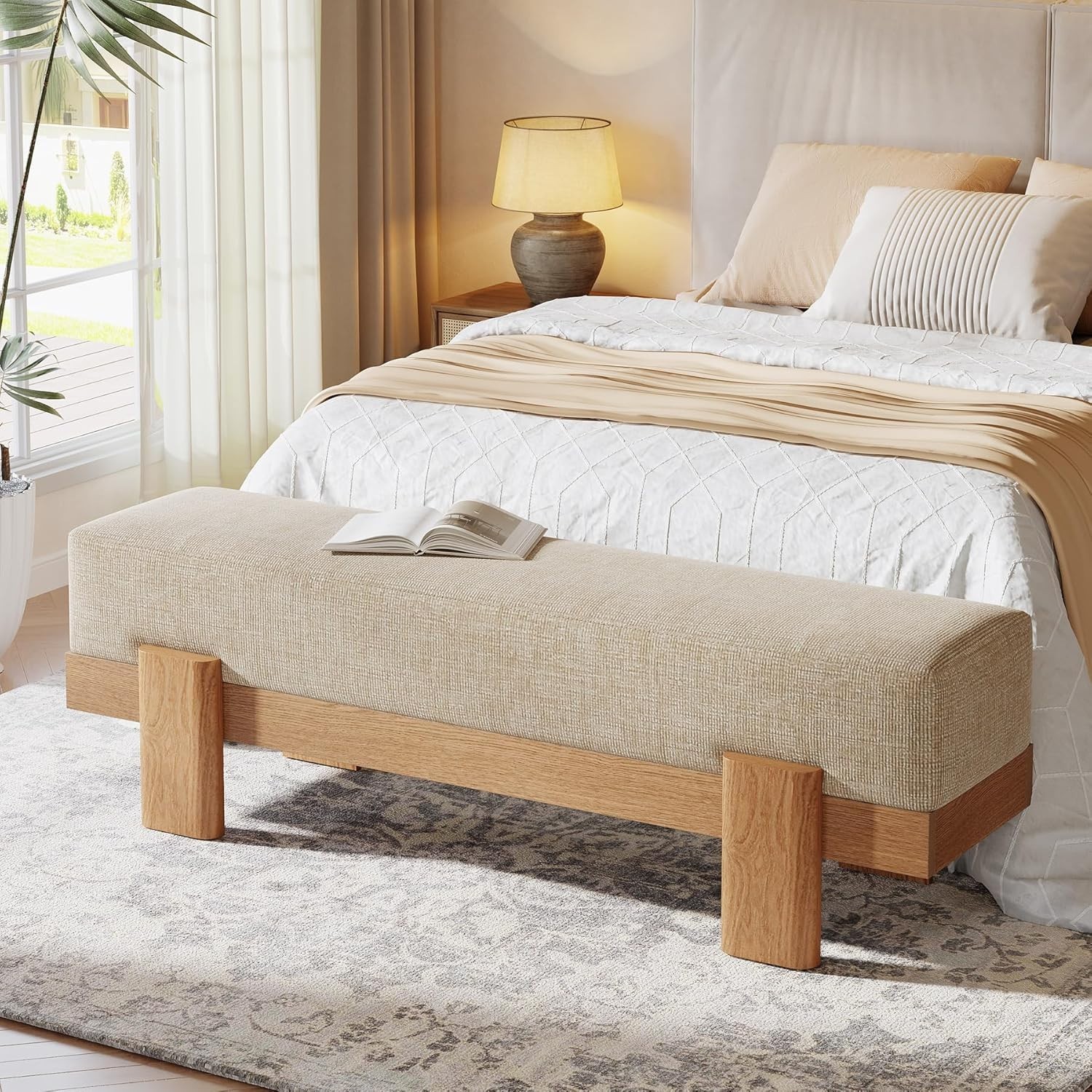 55-Inch Upholstered Entryway Bench, Modern Shoe Bench with Fabric Padded Seat