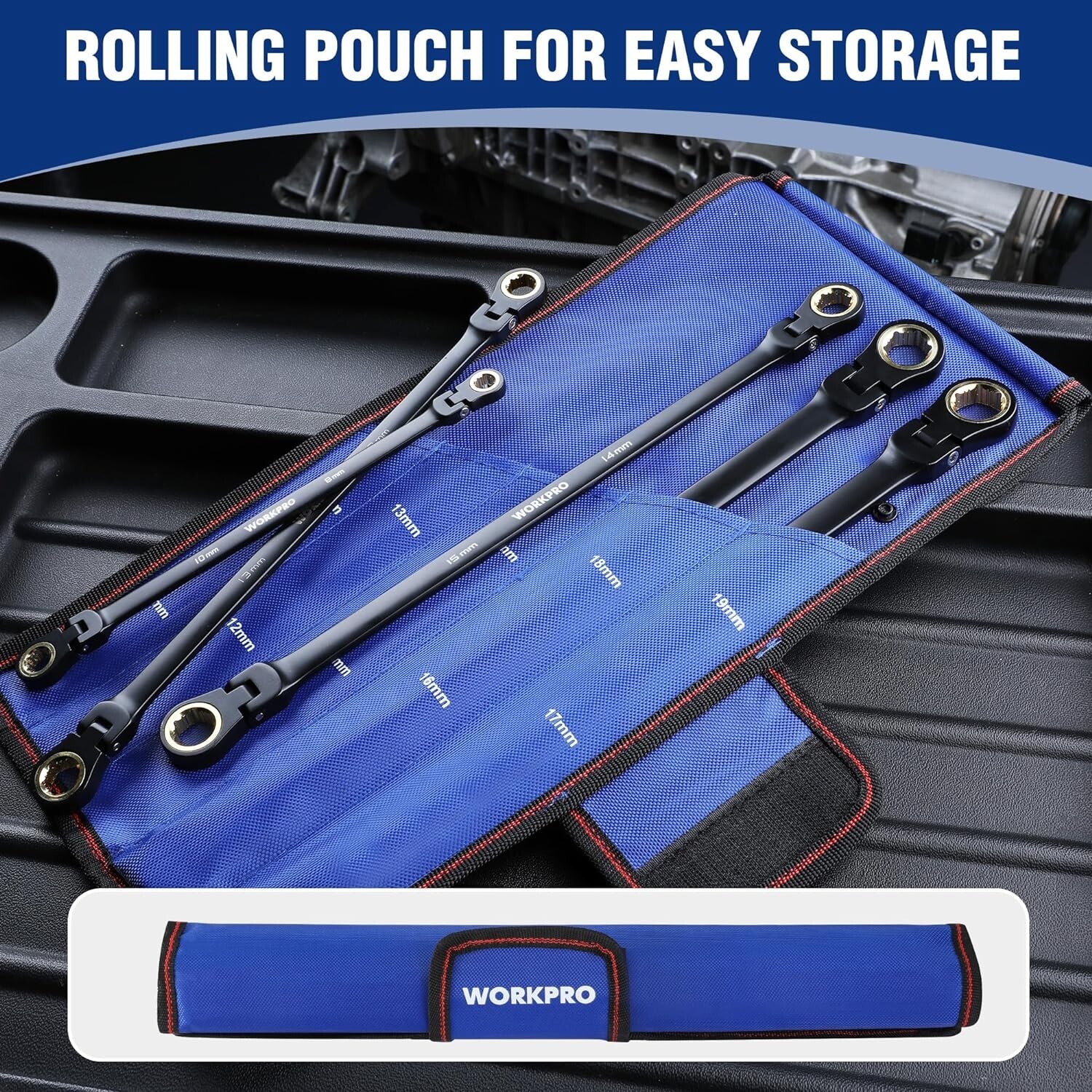 WORKPRO 5-piece Extra Long Flex-Head Ratcheting Wrench Set Anti-Slip w/Pouch NEW