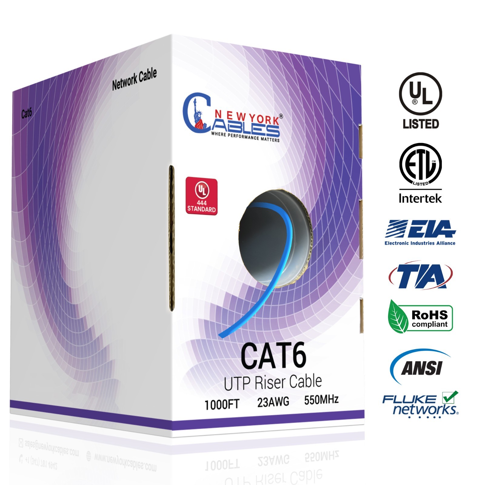 CAT6 Riser Cable 1000ft Blue | UL ETL Listed CMR UTP 23AWG 550MHz High-Speed