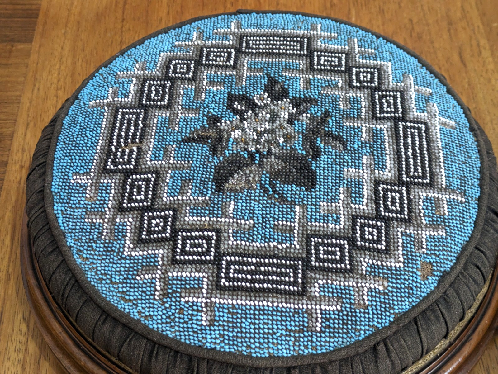 Victorian 19th Century Pair Walnut Turquoise Beadwork Bunfeet Footstools Antique