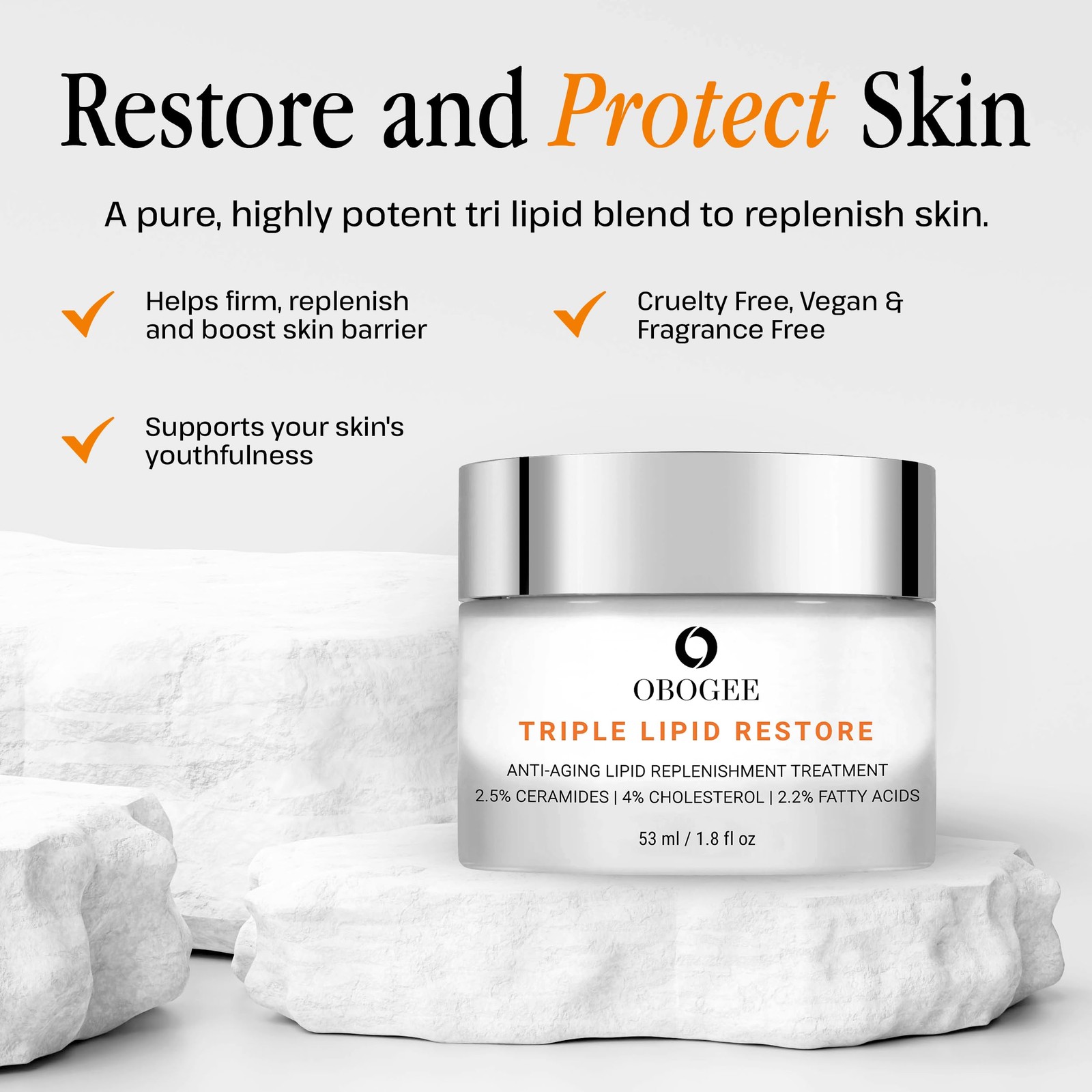 OBOGEE Triple Lipid-Peptide Cream Ceramides Hyaluronic Acid Anti-Aging Face Mois