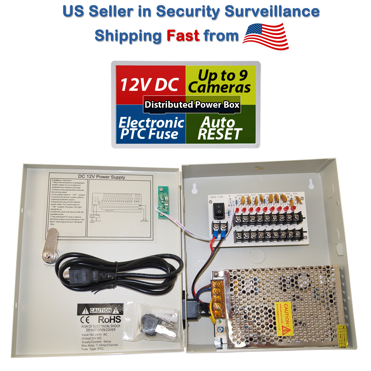 8 Channel 9 Port 12V DC Power Distributed Supply Box for CCTV Security Camera