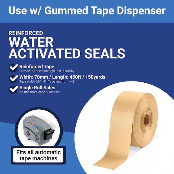 Reinforced Water Activated Kraft Carton Sealing Gummed Tape 2.75" x 450 ft Tan
