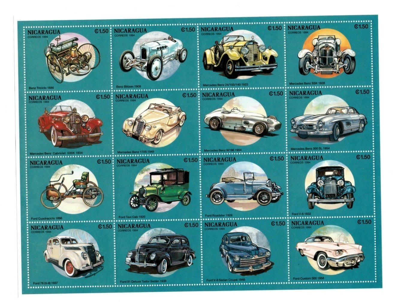 Nicaragua 1994 - Cars Automobiles - Sheet of 16 Stamps - MNH