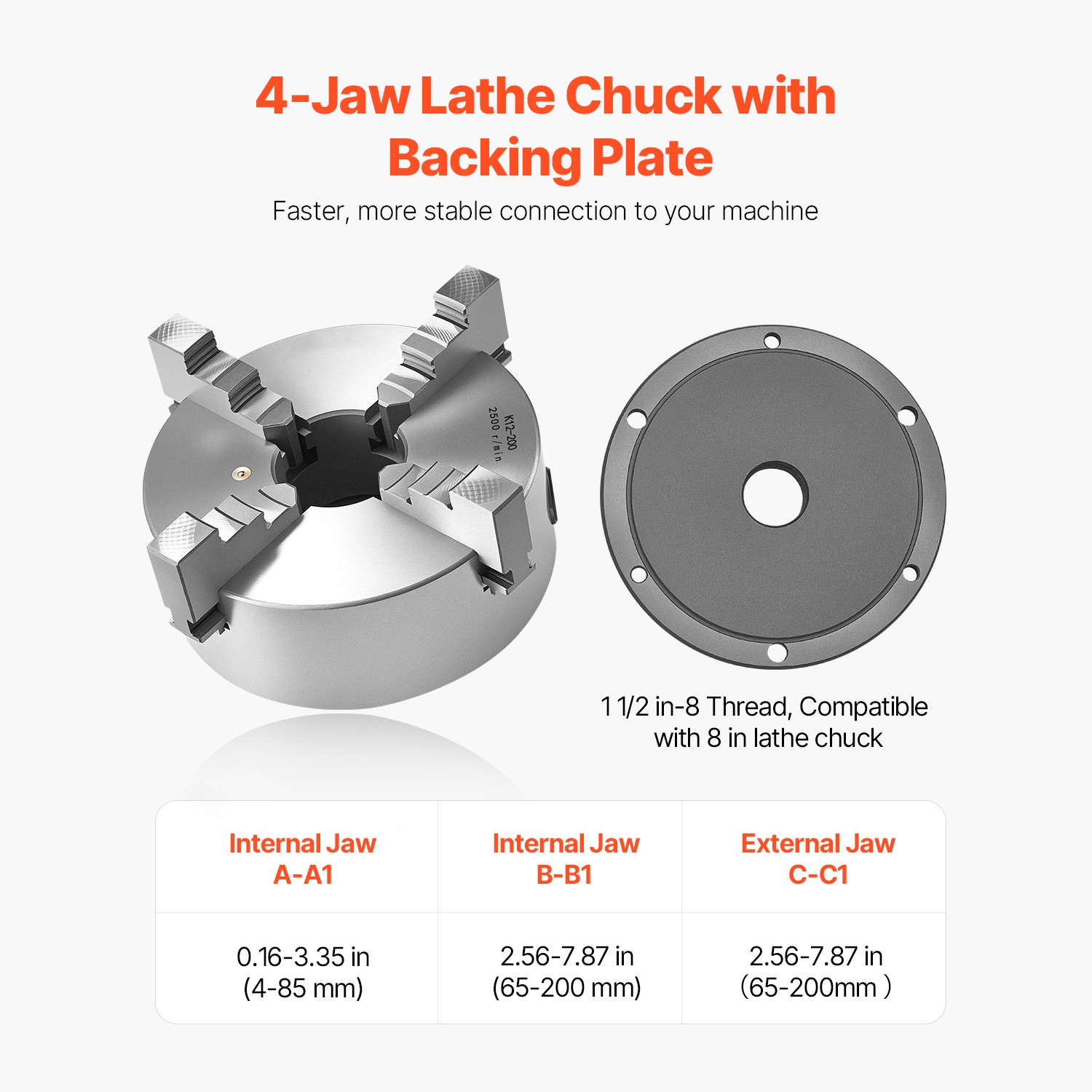 8 In 4-Jaw Self-Centering Lathe Chuck with 1 1/2 in-8 Backing Plate