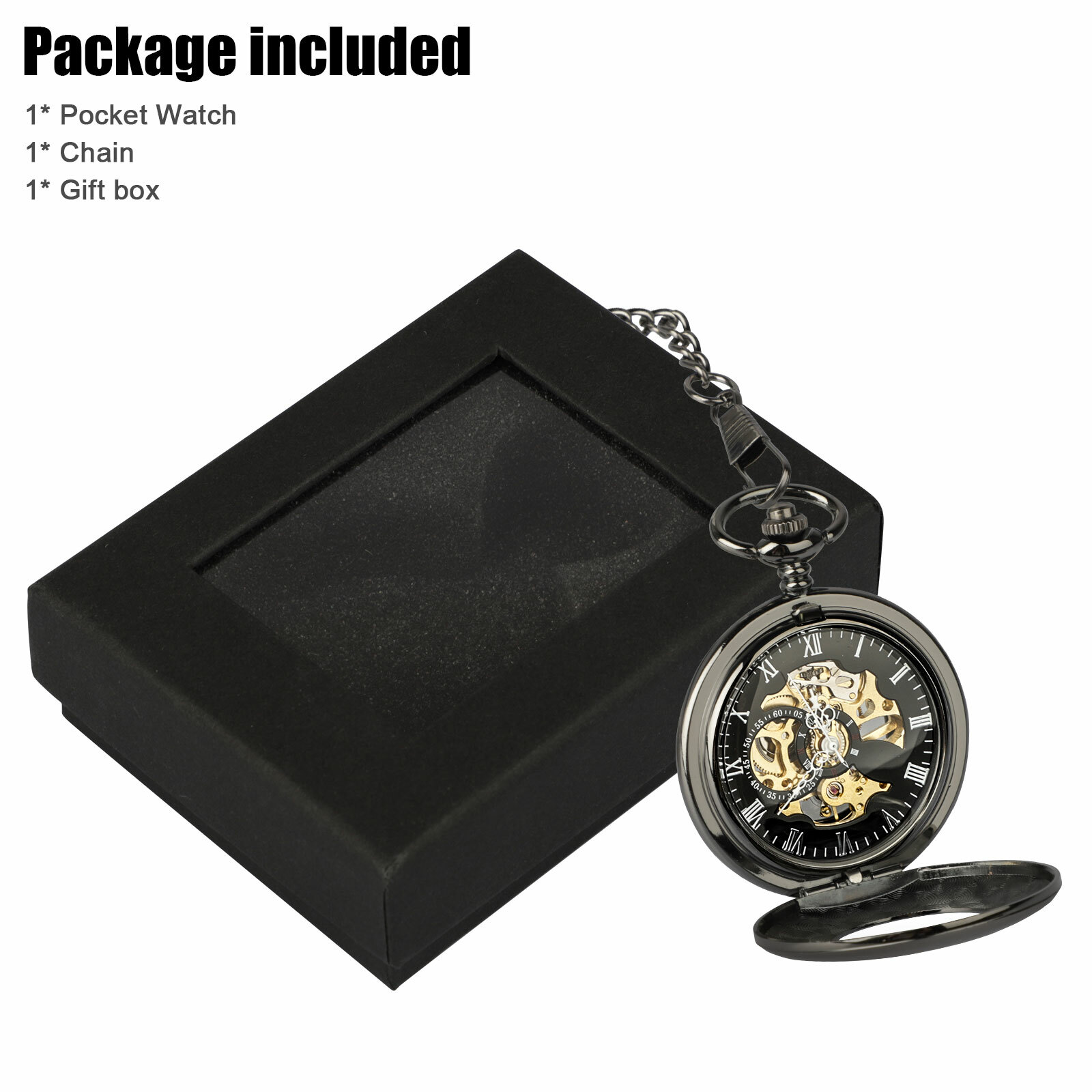 Mens Pocket Watch Mechanical Black Steampunk Skeleton Retro Chain Luxury Classic