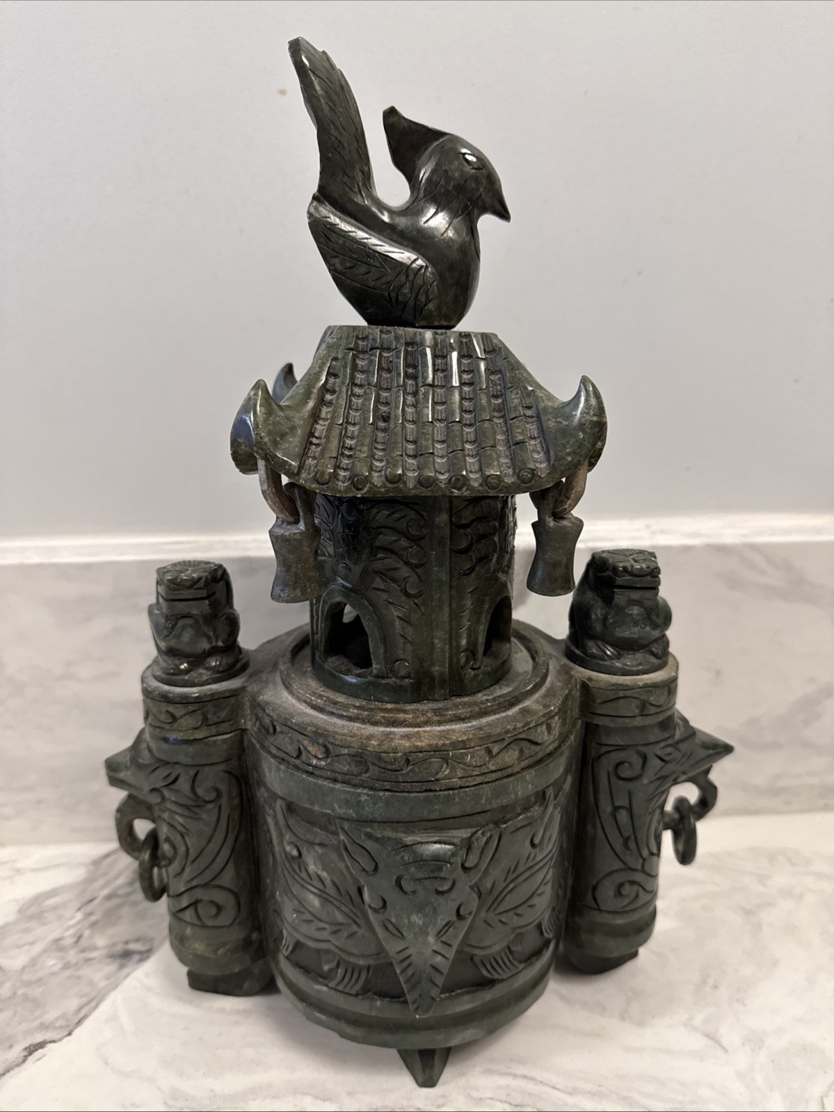 Large Vintage Chinese Deep Green Nephrite Jade Incense Burner 14”