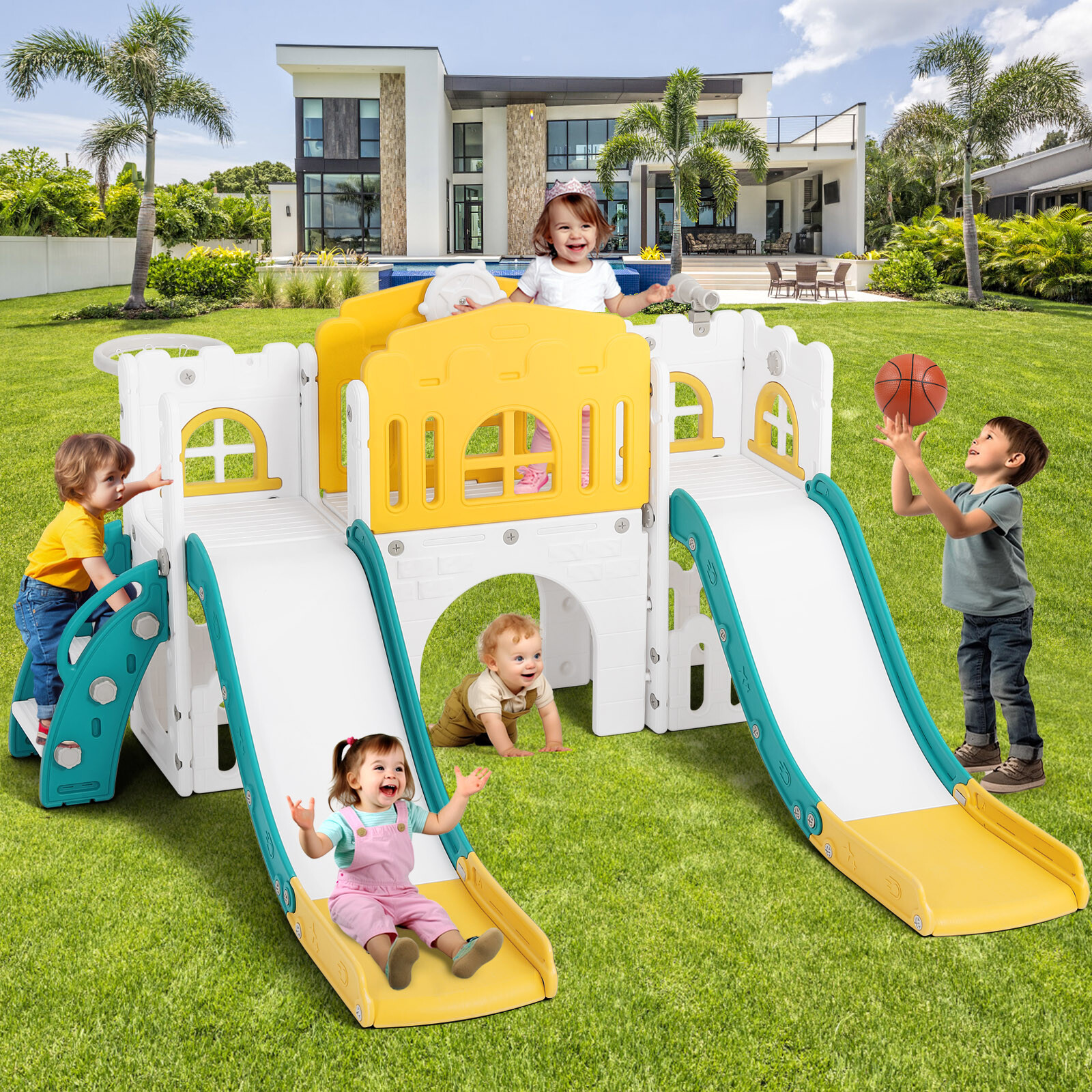 New 9in1 Kids Double Slide Toddler Playground Climb Playset Indoor/Outdoor Toys