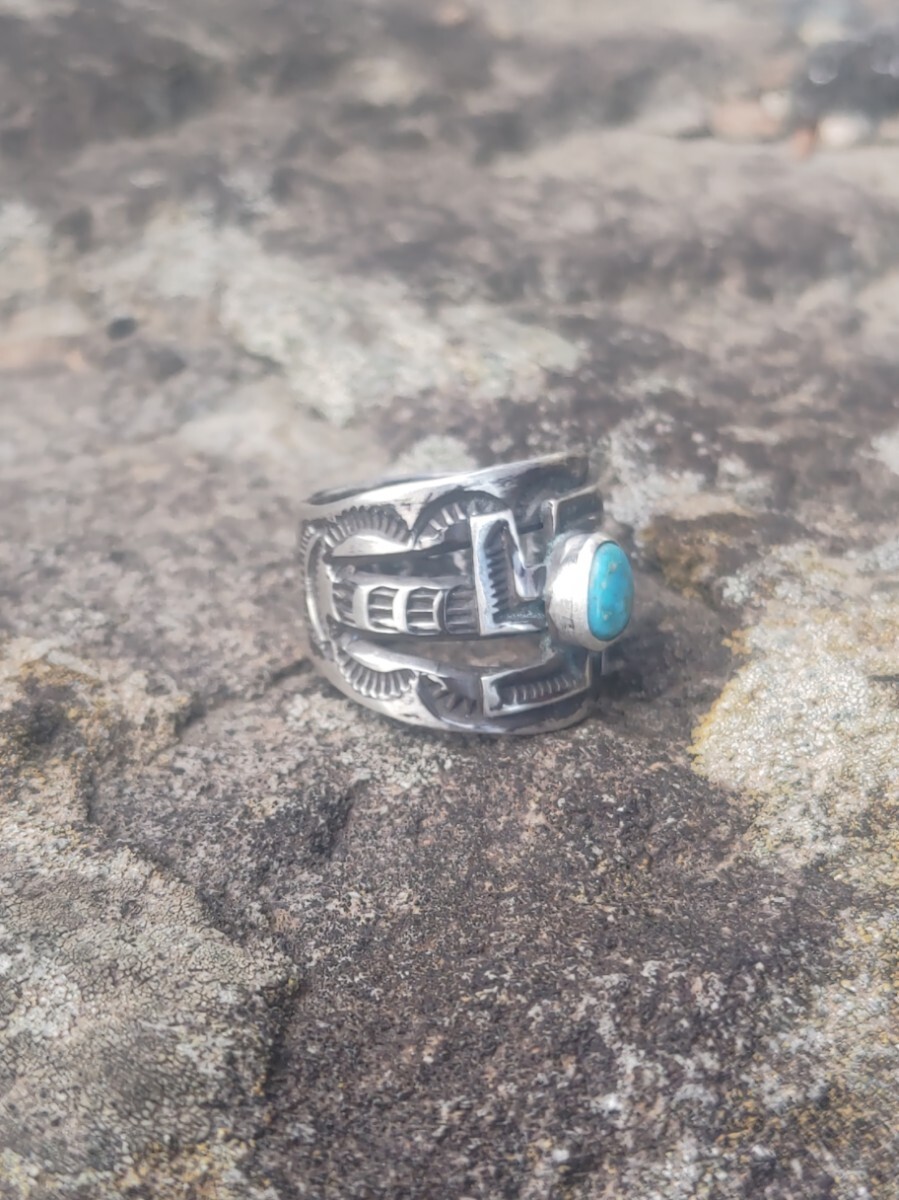 Handmade Indian Swastika Ring Turquoise Stampwork Jewelry Used From Japan