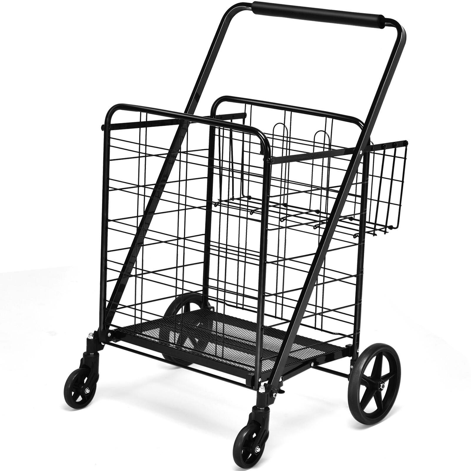 Heavy Duty Folding Shopping Cart Utility Jumbo Double Basket 330lbs Black