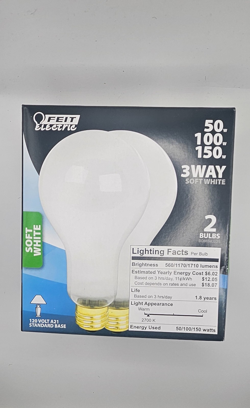 Feit Electric - A21 - 3 Way Light Bulbs - 50 100 150 - 6-pack