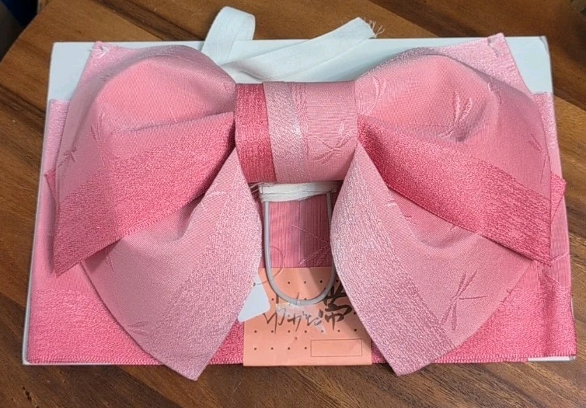 Japanese Pink Polyester 60"L Kimono Yukata Dragonfly Bow Obi Belt, Made in Japan
