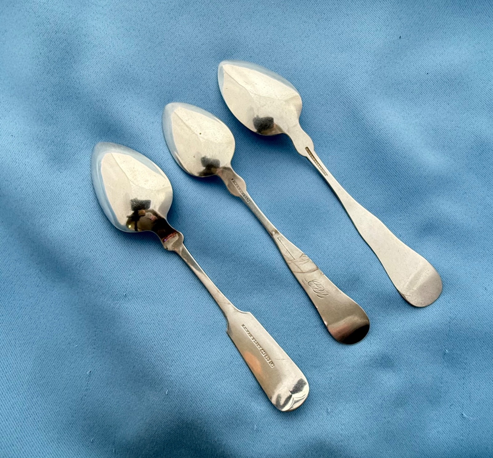Mixed Lot Coin Silver 3 Soup or Desert Spoons Mixed Makers Mono 7 Inch 68 Grams