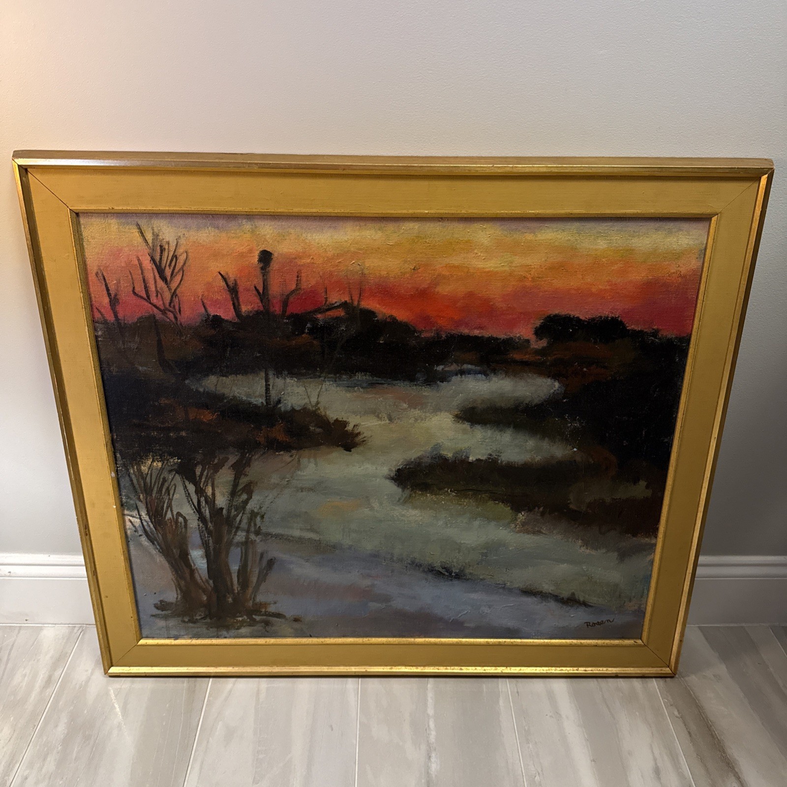 Vintage Florida Landscape Original Oil Painting On Canvas Framed Signed Rosen