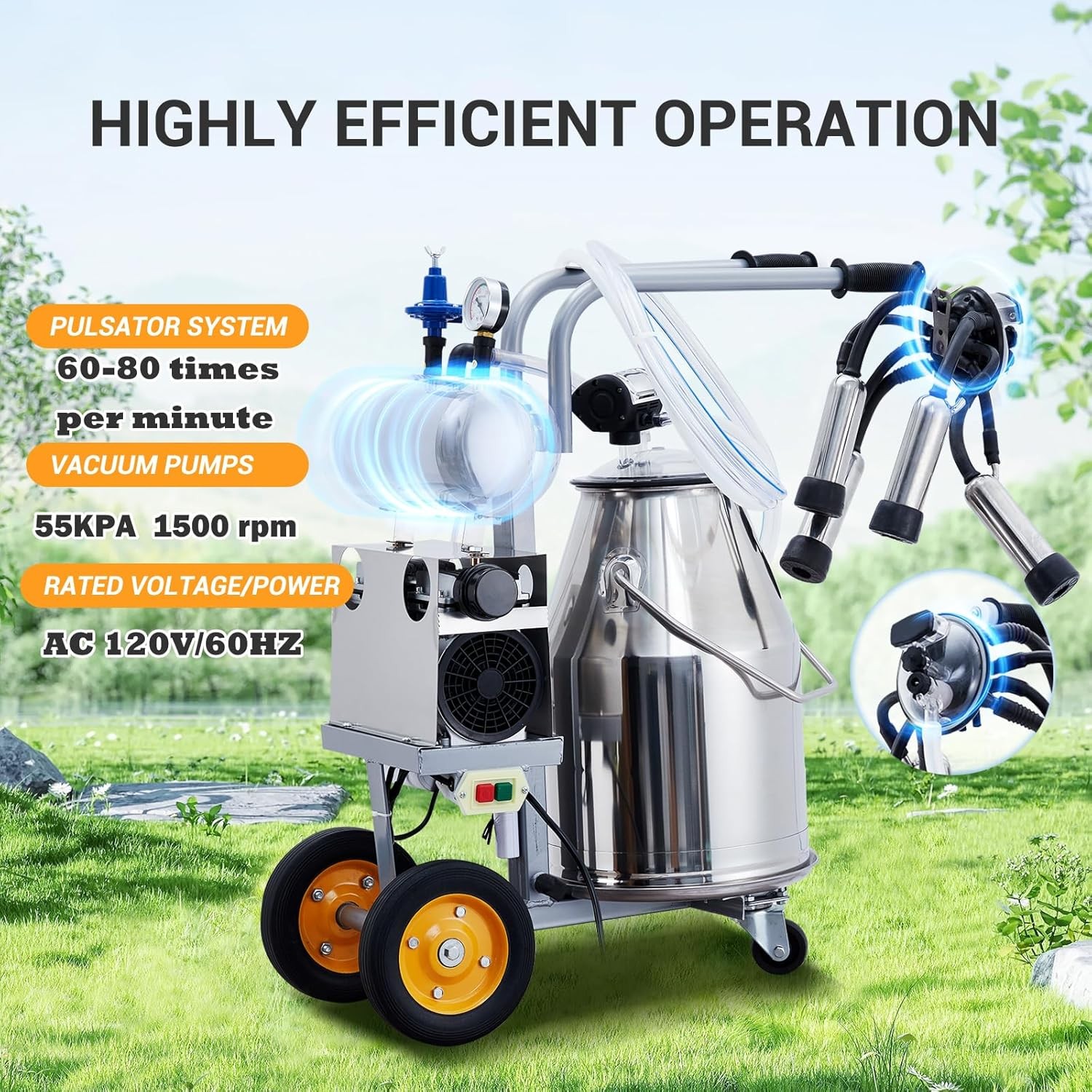 25L Electric Cow Milking Machine Milking Equipment 304 Stainless Steel Bucket US