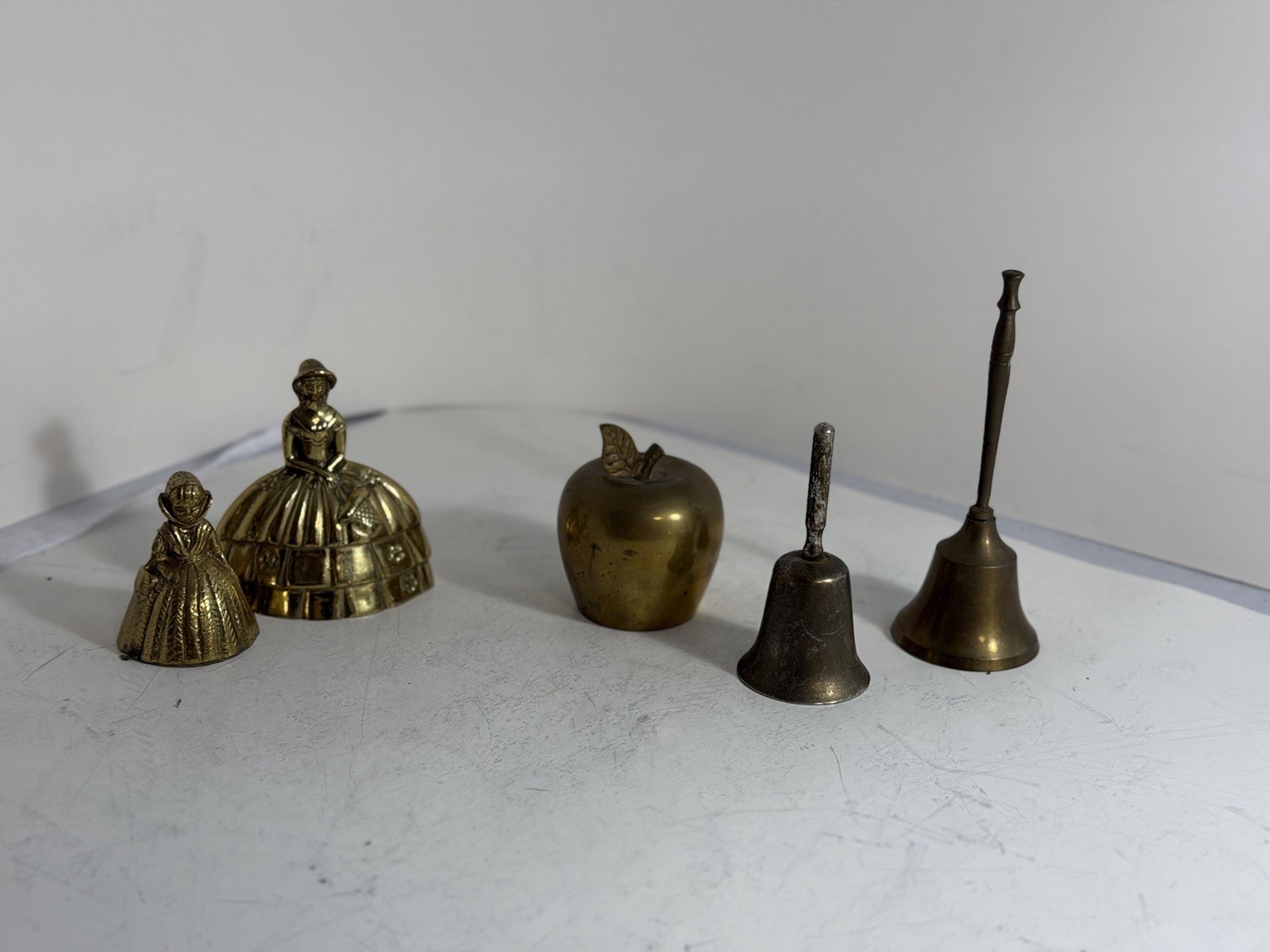 Vintage Brass Bell Lot 8pcs Mixed Decor Apple Figurine Lady MCM Metal