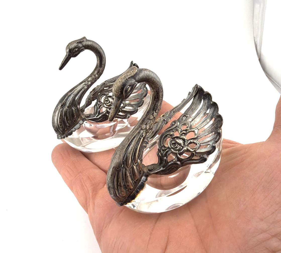 Pair Vintage Sterling Silver and Glass Table Salt Swans R Sterling West Germany