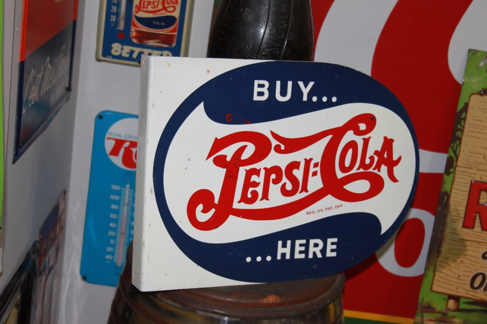 SCARCE 1944 PEPSI COLA SODA POP 2-SIDED PAINTED METAL FLANGE DEALER SIGN COKE