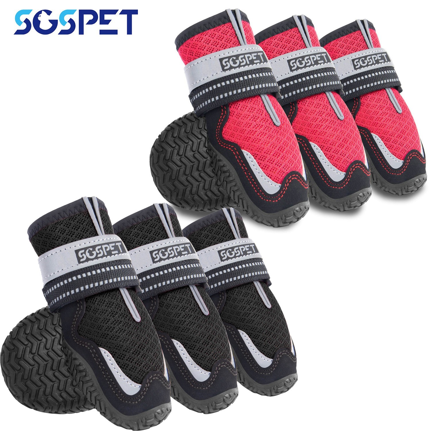 4Pcs Mesh Dog Shoes Boots Paw Protector Reflective Anti-slip Red /Black