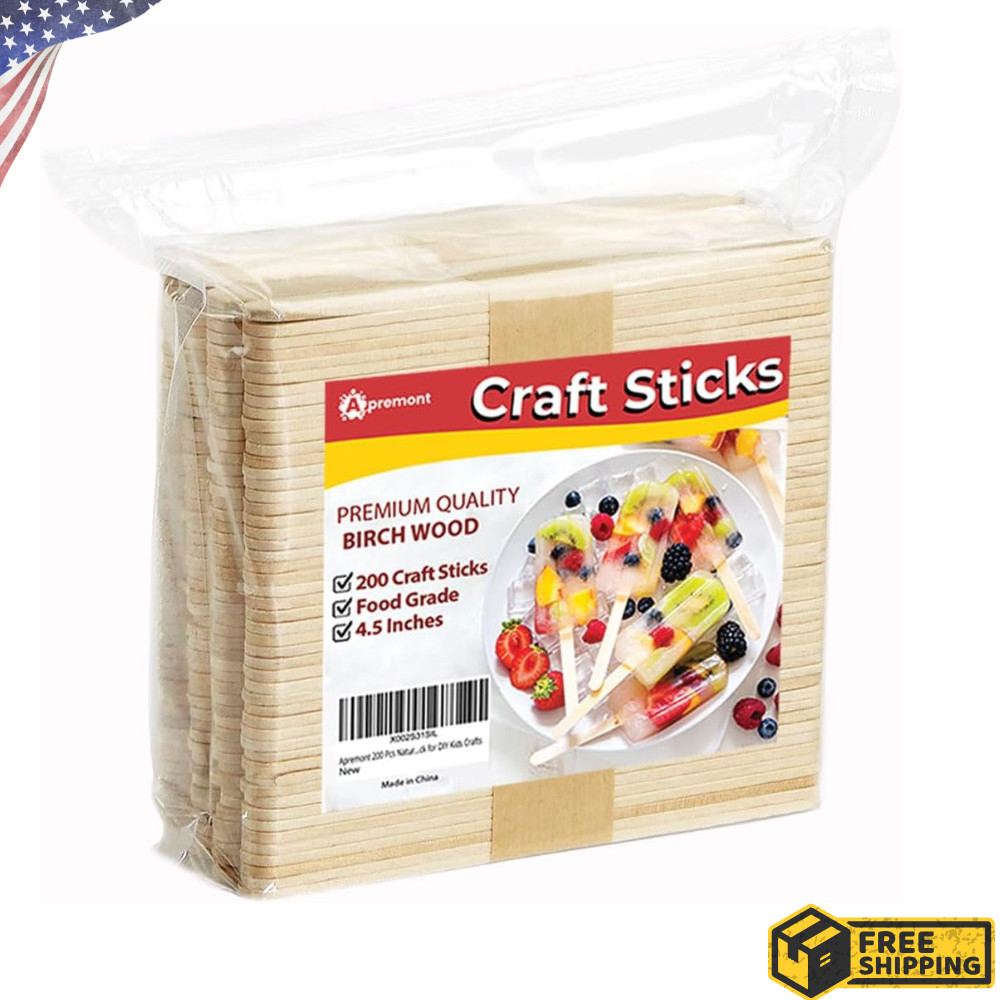 200 Pcs Natural Wooden Food Grade Sticks - Ice Cream Stick - Popsicle 4.5 inch