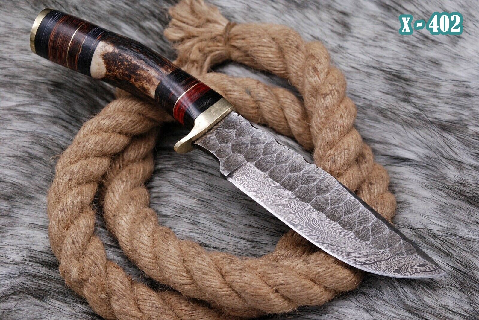 10” CUSTOM HANDMADE DAMASCUS HUNTING SKINNING KNIFE DEER STAG ANTLER HANDLE