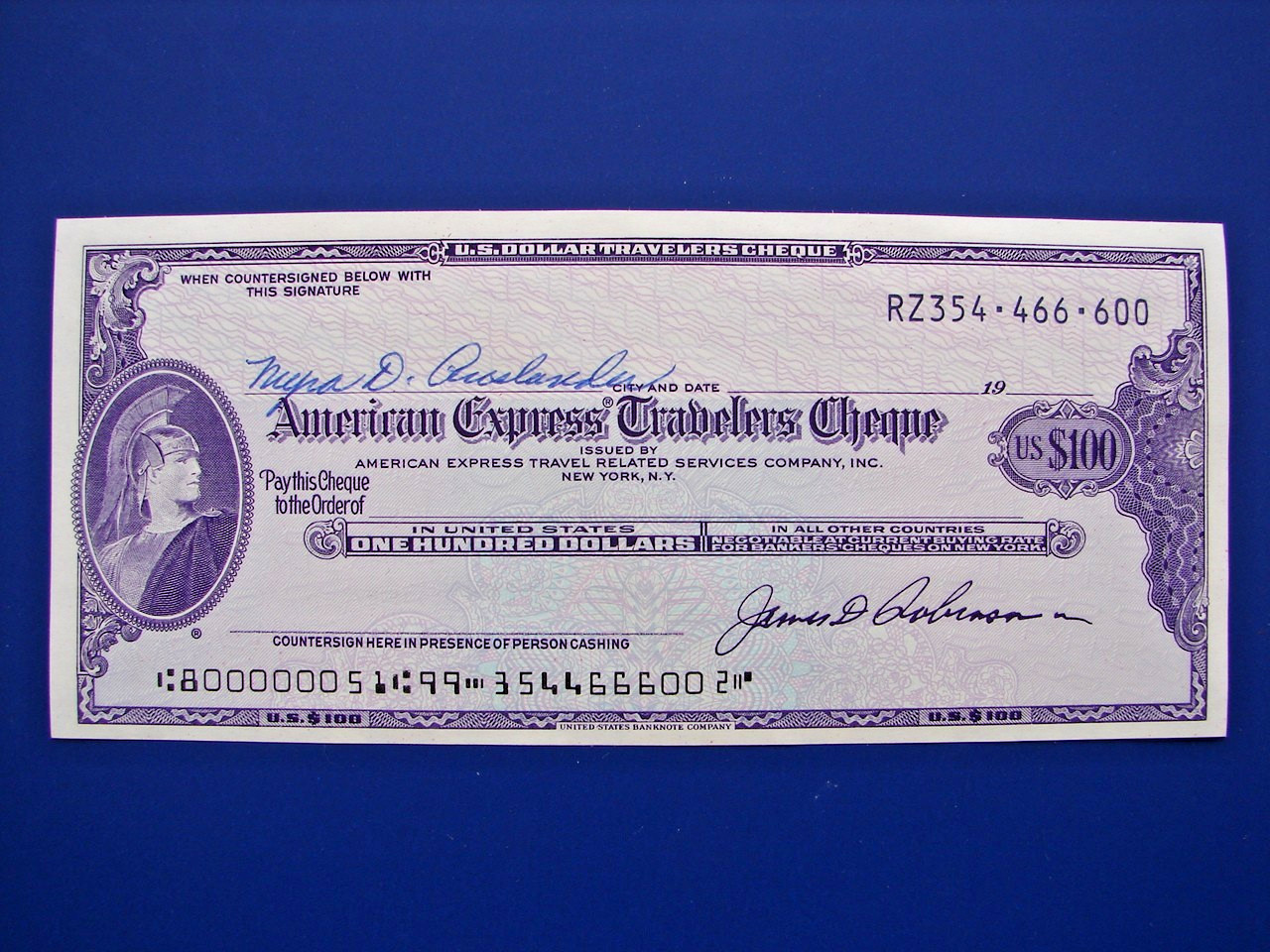 Vintage American Express Travelers Check Cheque $100 US Dollars Unused MINTY 600