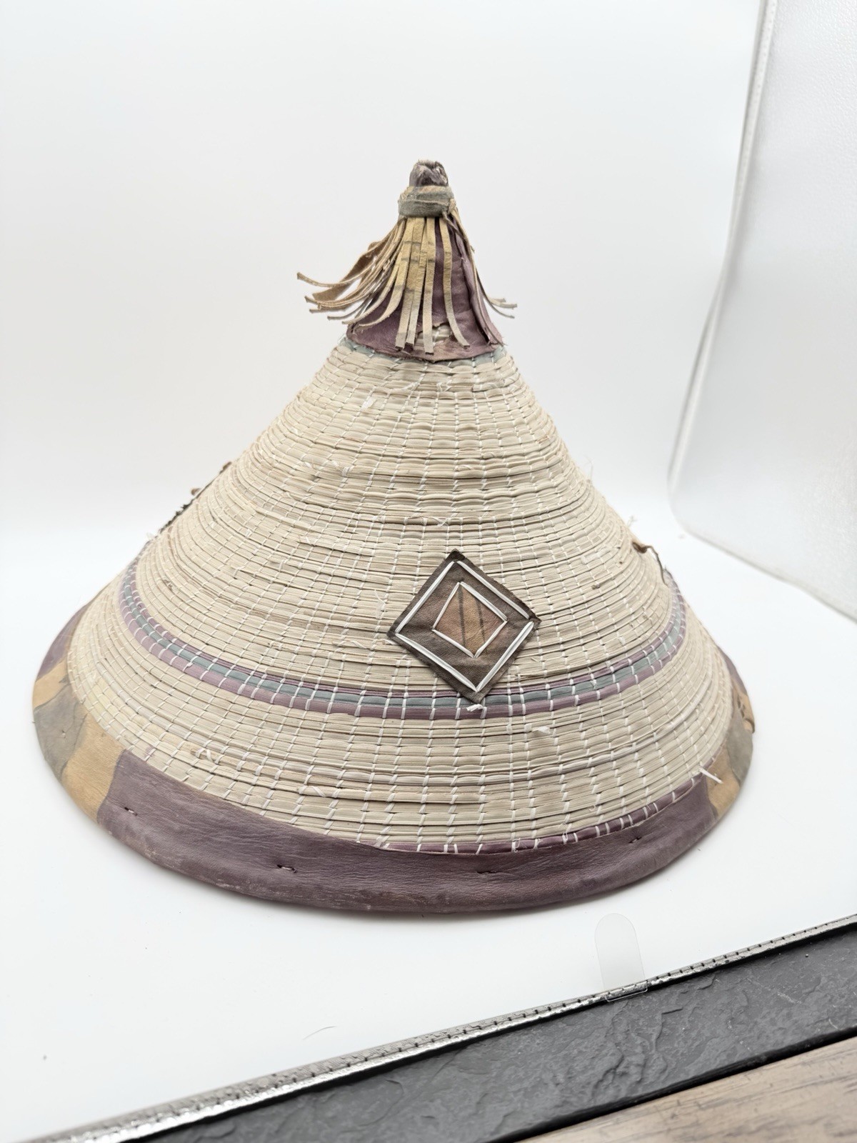 African Fulani Worn Straw Woven Sun Conical Hat Vintage Straw & Leather