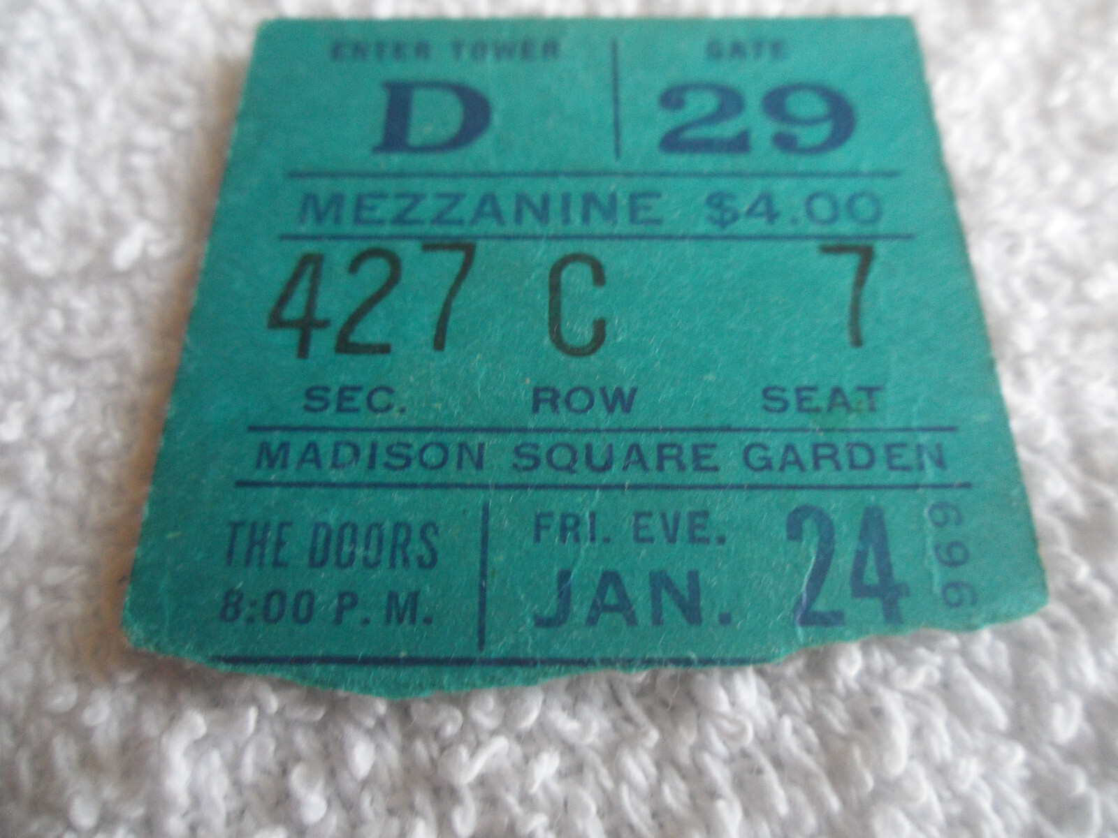 THE DOORS Original__1969__CONCERT TICKET STUB__Madison Square Garden__EX