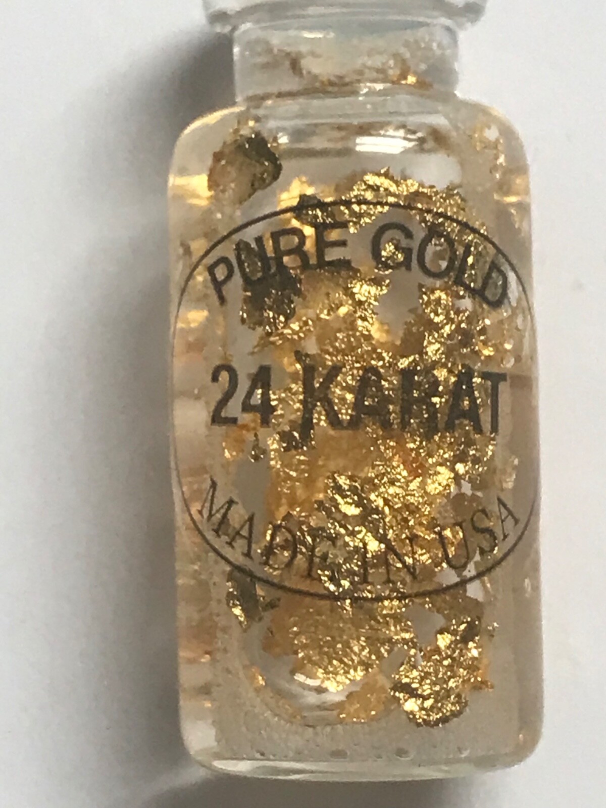 Pure Gold Flake 24 Karat Bottle Vial 1 1/2" x 5/8" Made USA Real Leaf Specimen